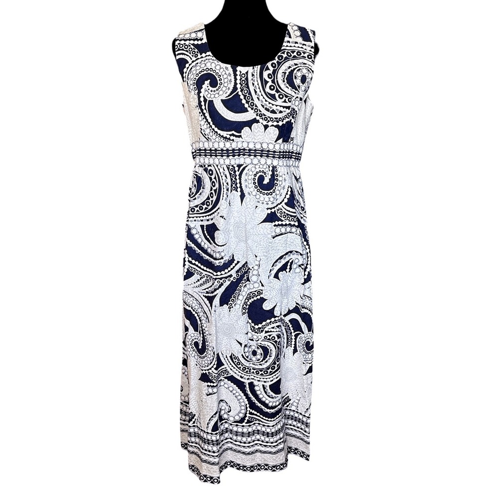 Vintage Alex Colman Blue & White Sleeveless Floral Maxi Dress, Medium, Retro 60s